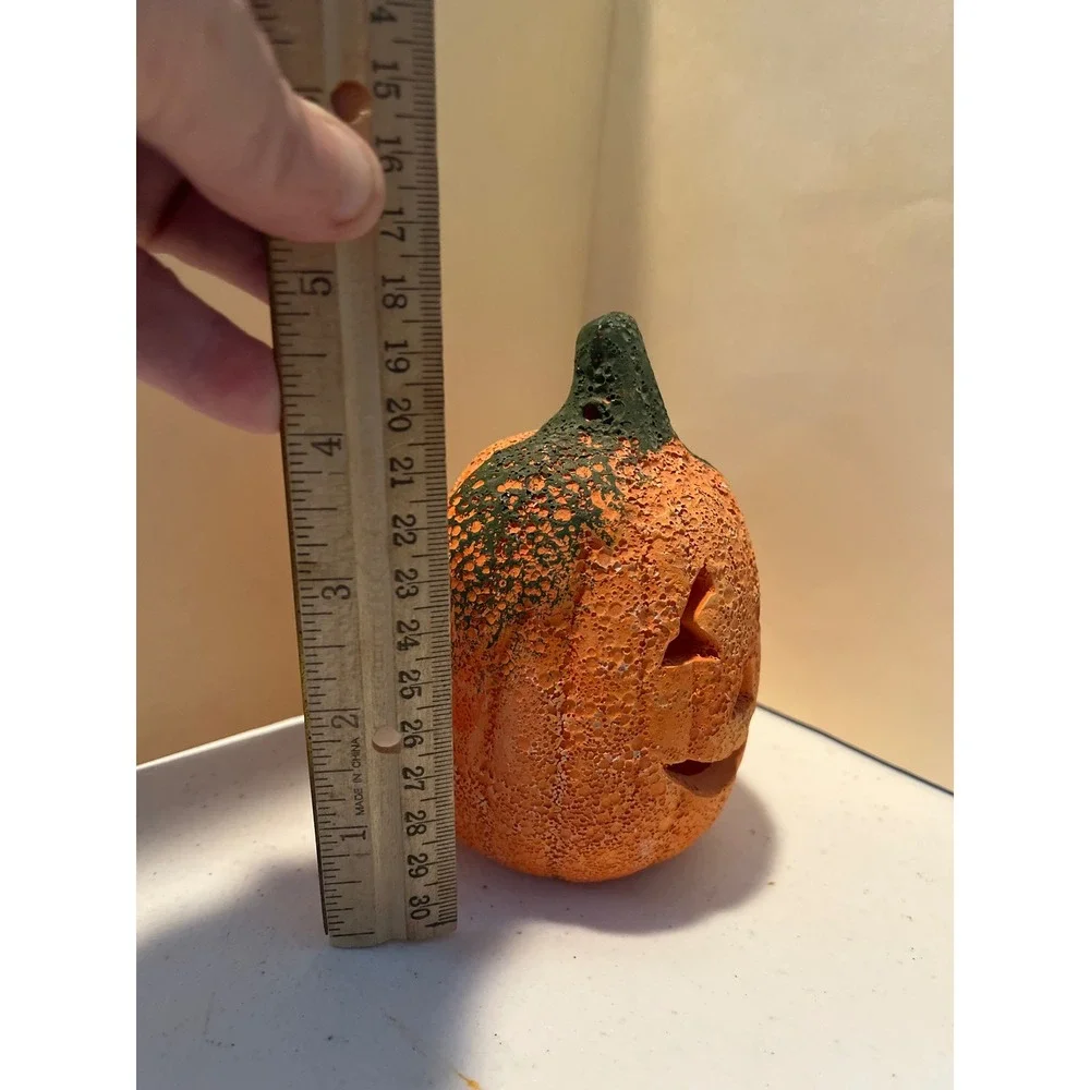 Rustic Textured Orange Pumpkin Jack O Lantern Tea Light Candle Holder Decor